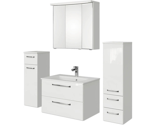 Set de meubles de salle de bains Pelipal Kumba lxhxp 137 x 200 x 50 cm couleur de façade blanc brillant en 5 parties et plus avec vasque en fonte minérale blanc, armoire midi et meuble bas 99.770121092 Ensemble de meubles de salle de bains avec meuble sous-lavabo, armoire de toilette et deux armoires hautes