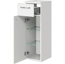 Weißer Badezimmer-Hängeschrank mit Schublade, Tür und Glasböden