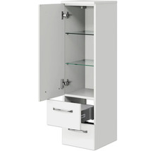 Weißer Bad-Hängeschrank mit offener Tür, Schubladen und Glasböden.