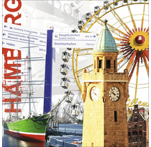 Collage avec des sites touristiques hambourgeois tels que le port, la gare centrale et la grande roue