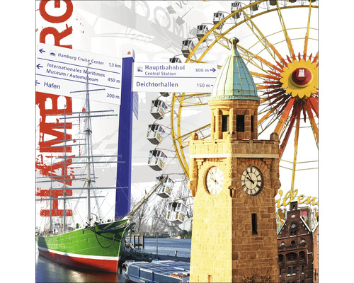 Collage avec des monuments de Hambourg, dont le port, le clocher et la grande roue