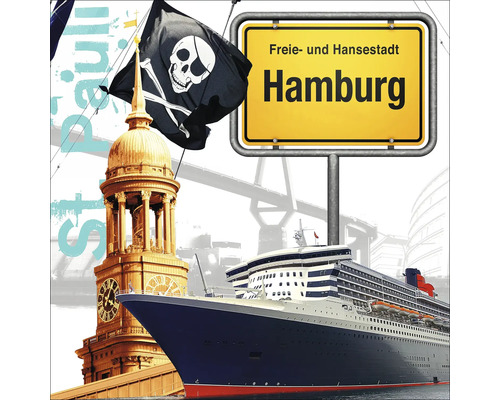 Illustration de Hambourg avec drapeau de pirate, plan de la ville et bateau de croisière