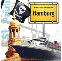 Illustration de Hambourg avec drapeau pirate, église Saint-Michel, bateau de croisière et panneau d''entrée de ville