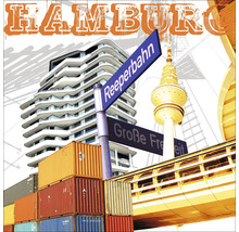 Collage avec des sites touristiques de Hambourg tels que la Reeperbahn, la tour de télévision et des piles de conteneurs