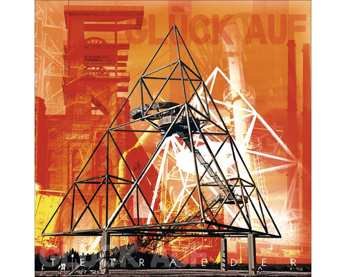 La couverture de l''album ''Theetrader'' montre une structure en acier pyramidale sur fond de paysage industriel.