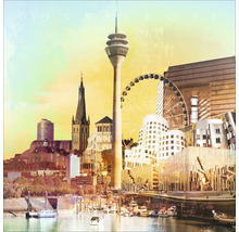 Vue sur les toits de Düsseldorf avec bâtiments, tour, grande roue et eau