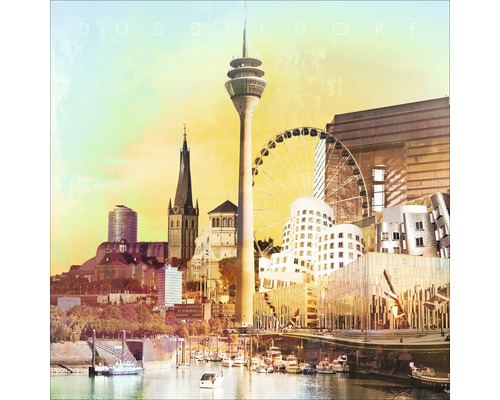 Vue sur les toits de Düsseldorf avec bâtiments, tour, grande roue et eau