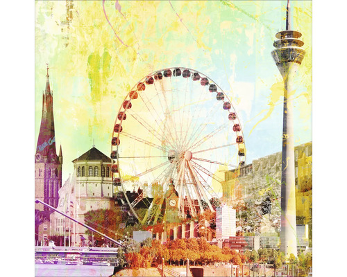 Collage avec une grande roue, un clocher et une tour de télévision