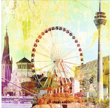Collage représentant la grande roue, la Rheinturm et la Lambertuskirche à Düsseldorf