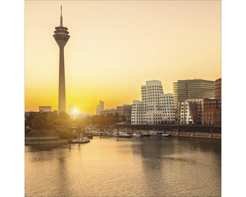 Vue sur le port de Düsseldorf avec la Rheinturm et les bâtiments Gehry au coucher du soleil