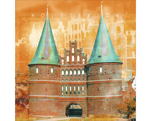 Dekoratives Bild des Holstentors, eines mittelalterlichen Stadttors in Lübeck.