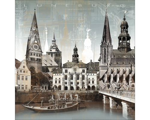 Illustration de la ville de Lunebourg avec ses bâtiments historiques et la rivière Ilmenau