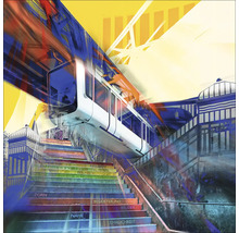 Illustration einer Schwebebahn über einer Treppe mit Worten.