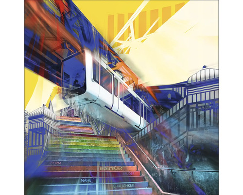 Illustration einer Schwebebahn über einer Treppe mit Worten.