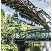 Un monorail aérien passe au-dessus d''un pont et d''une rivière.