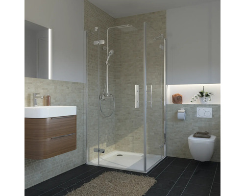 Douche accès d'angle avec porte pivotante en 4 éléments Breuer Avanta 80x120 cm en verre transparent profilé couleur chrome