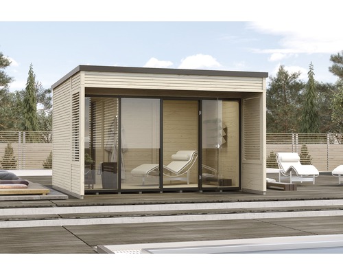 Abri de jardin weka Designhaus Cubilis 2.0 414 taille 1 avec plancher, gouttière et film de toiture autocollant 388 x 394 cm naturel