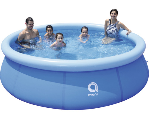 Piscine gonflable avec famille dans l''eau et logo Avenli.