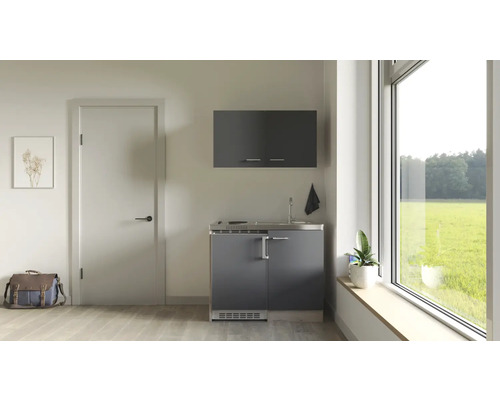 Kitchenette équipée Flex Well Tiago 100 cm façade gris basalte mate, corps chêne clair san remo variante réversible