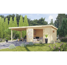 Gartenhaus mit Terrasse und Gartenmöbeln im Grünen.