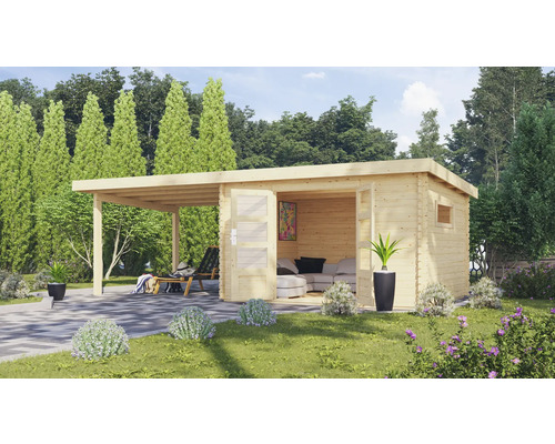 Chalet de jardin Karibu Tossens 5 avec toit en appentis de 3,3 m 669 x 297 cm naturel