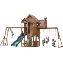 Holzspielplatz mit Rutsche, Schaukeln, Kletterwand und Spielhaus für Kinder
