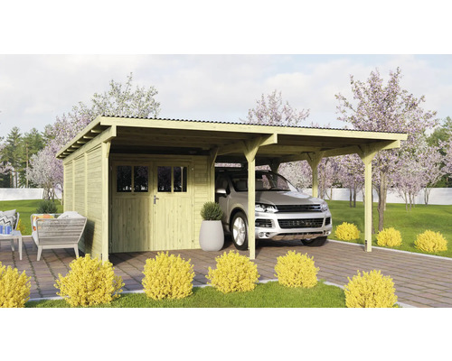 Carport double Karibu Eco 2 kit avec espace de stockage intégré 7,3 m² une paroi latérale et une paroi arrière 527 x 576 cm traité en autoclave par imprégnation