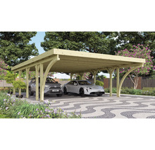 Doppelcarport aus Holz mit zwei geparkten Autos