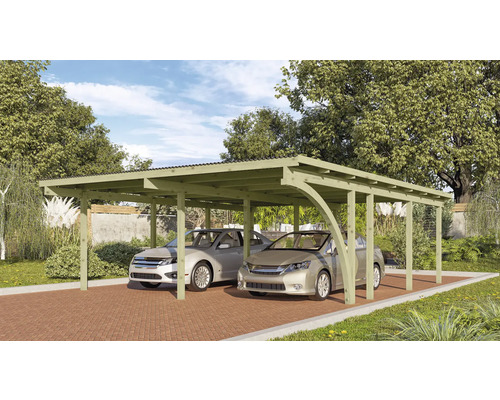 Carport double Karibu Eco 2B plaques PVC avec 1 arche d’entrée sans ferrures 527x576 cm traité en autoclave par imprégnation