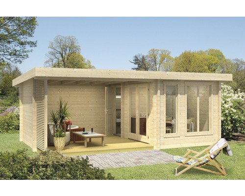 Abri de jardin weka Weekendhaus 441 passage libre haut 195 cm, avec plancher et terrasse 670 x 450 cm naturel