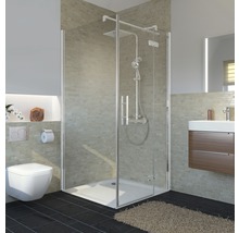 Salle de bains avec cabine de douche, toilettes et lavabo