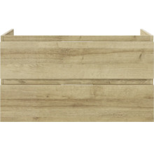 Holzfarbener Waschtischunterschrank mit zwei Schubladen.