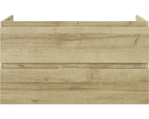 Holzfarbener Waschtischunterschrank mit zwei Schubladen.