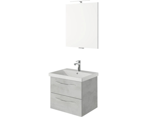 Meuble sous-lavabo avec deux tiroirs, lavabo et miroir avec lampe