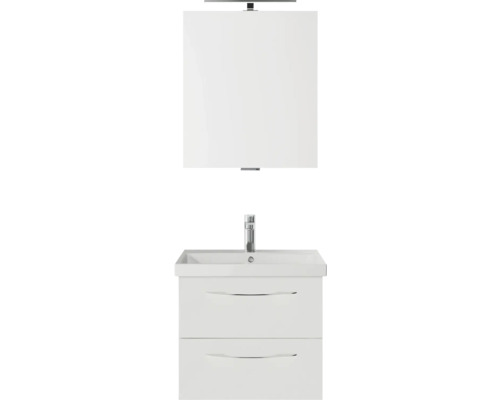 Set meubles SDB 3 pces Pelipal Serie 4035 lxhxp 60 x 200 x 45 cm couleur de façade blanc avec vasque céramique blanche et vasque céramique meuble sous vasque miroir avec éclairage LED poignée chrome brillant 40350600112150 Meuble-lavabo blanc avec deux tiroirs, robinet de lavabo et miroir