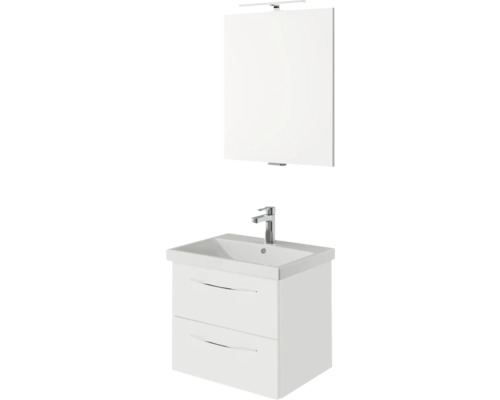 Weißer Waschtisch mit zwei Schubladen, Waschbecken, Armatur und Spiegel mit Lampe