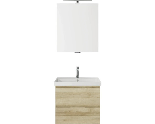 Set meubles SDB 3 pces Pelipal Serie 4035 lxhxp 60 x 200 x 45 cm couleur de façade chêne riviera avec vasque céramique blanche et vasque céramique meuble sous vasque miroir avec éclairage LED 40350600122470 Combinaison de lavabo avec miroir et meuble bas décor bois