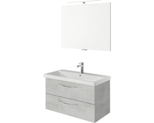 Meuble-lavabo avec deux tiroirs, vasque à poser, miroir et lampe pour salle de bains