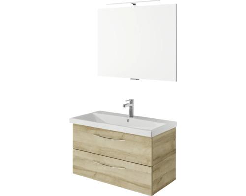 Meuble-lavabo avec lavabo, deux tiroirs et miroir avec éclairage