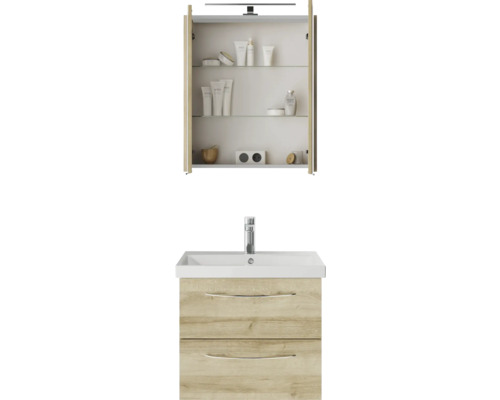 Ensemble de meubles de salle de bains avec lavabo, meuble bas avec tiroirs et armoire de toilette ouverte