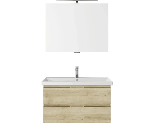 Set meubles SDB 3 pces Pelipal Serie 4035 lxhxp 90 x 200 x 43,5 cm couleur de façade chêne riviera avec vasque céramique blanche et vasque céramique meuble sous vasque miroir avec éclairage LED 40350900122470 Meuble-lavabo avec miroir et meuble bas avec deux tiroirs