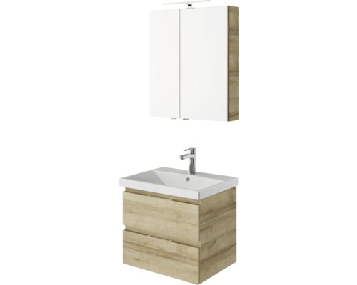 Waschtisch mit Waschbeckenunterschrank, Spiegelschrank und Beleuchtung für das Badezimmer.