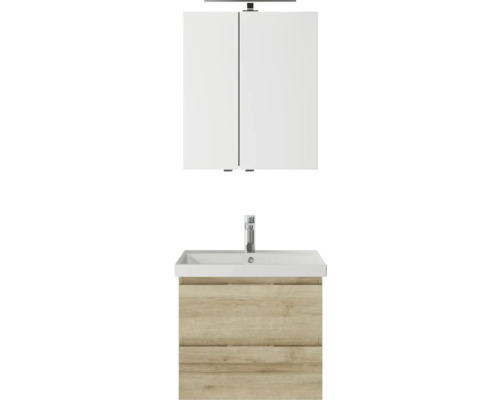 Set meubles SDB 3 pces Pelipal Serie 4035 lxhxp 60 x 200 x 45 cm couleur de façade chêne riviera avec vasque céramique blanche et vasque céramique meuble sous vasque armoire de toilette avec éclairage LED 40350600121470 Meuble sous-lavabo de salle de bain avec armoire de toilette