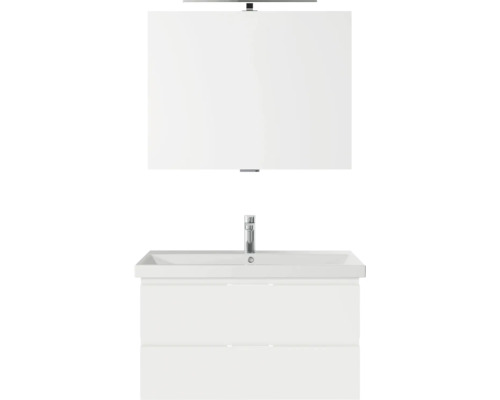 Set meubles SDB 3 pces Pelipal Serie 4035 lxhxp 90 x 200 x 43,5 cm couleur de façade blanc avec vasque céramique blanche et vasque céramique meuble sous vasque miroir avec éclairage LED 40350900122150