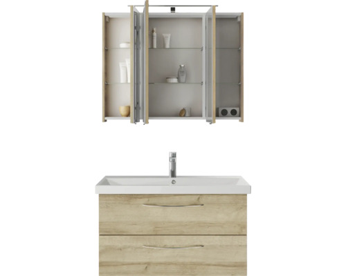 Badezimmer Waschtisch mit zwei Schubladen und Spiegelschrank mit drei Türen