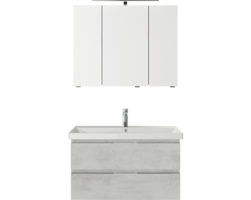Badmöbel-Set Pelipal Serie 4035 BxHxT 90 x 200 x 43,5 cm Frontfarbe grau Badmöbelset 3-teilig mit Waschtisch Keramik weiß und Keramik-Waschtisch Waschtischunterschrank Spiegelschrank mit LED-Beleuchtung Badezimmermöbel Set mit Waschbeckenunterschrank, Waschbecken und Spiegelschrank