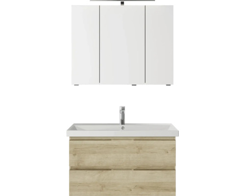 Set meubles SDB 3 pces Pelipal Serie 4035 lxhxp 90 x 200 x 45 cm couleur de façade chêne riviera avec vasque céramique blanche et vasque céramique meuble sous vasque armoire de toilette avec éclairage LED 40350900121470 Ensemble de meubles de salle de bains avec meuble sous-lavabo et armoire de toilette