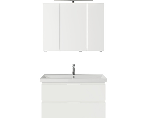 Set meubles SDB 3 pces Pelipal Serie 4035 lxhxp 90 x 200 x 45 cm couleur de façade blanc avec vasque céramique blanche et vasque céramique meuble sous vasque armoire de toilette avec éclairage LED 40350900121150