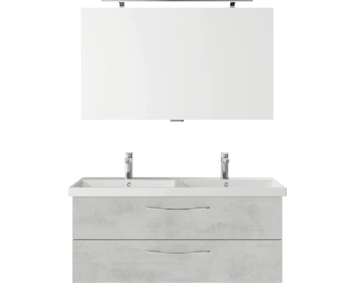 Set de meubles de salle de bains Pelipal Serie 4035 lxhxp 120 x 200 x 45 cm couleur de façade gris set de meubles de salle de bains 3 pièces avec vasque en céramique blanc et double vasque en céramique meuble sous vasque miroir avec éclairage LED