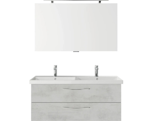 Set meubles SDB 3 pces Pelipal Serie 4035 lxhxp 120 x 200 x 45 cm couleur façade gris av. vasque céram. blanche et vasque double céram. meuble sous vasque miroir av. éclairage LED poignée chrome brillant 40351200112030 Meuble-lavabo avec deux vasques, meuble sous-vasque et miroir pour la salle de bain